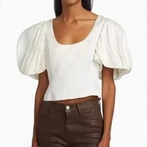 Frame Square Neck Cotton Puff Short Sleeve T-Shirt Top White Small